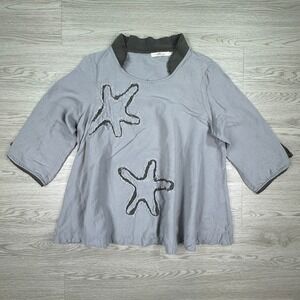 Artka Women's Blouse Gray‎ Large Starfish Applique Raw Edge Linen Blend Top